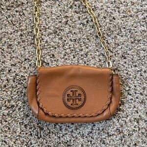 Tory Burch Brown Leather Snap Chain Mini Crossbody Clutch